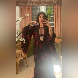 antique silk kimono pre war 1945 crisp black cranberry floral flowers red lining